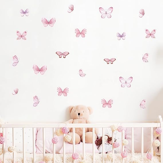 6 Sheets 36 Pcs Pink Butterflies Wall Stickers DIY Art Wall Decals | Watercolor Butterfly Removable Vinyl Peel and Stick for Baby Kids Room Nursery Living Room Bedroom Playroom Home Decor
