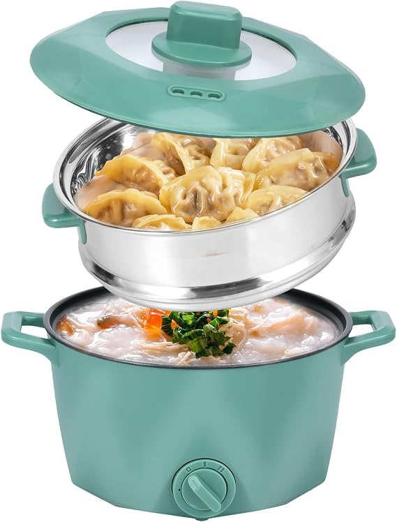 Electric Hot Pot with Steamer Rack 2L Portable Cooker 2 Gear Rapid Noodles Cooker Travel Non-Stick Electric Pot for Stir Fry Raman Soup Noodles Steak Porridge(Green)