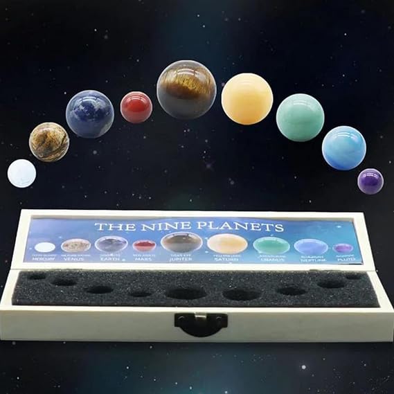 Solar System Nine Planets Handmade Natural Gemstones Sphere Ball Ornaments with Wooden Gift Box Celestial Creative Gift Display Home Desk Decorations