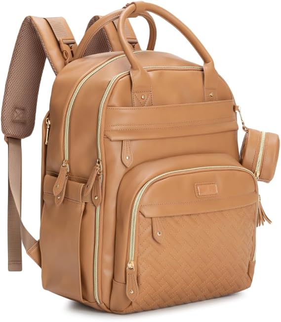 BabbleRoo Leather Diaper Bag Backpack - Baby Essentials Travel Baby Bag, Multi function, Water Resistant, with Changing Pad, Stroller Straps & Pacifier Case Unisex, Light Brown