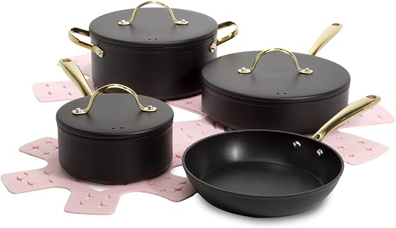 Paris Hilton Iconic Nonstick Pots and Pans Set, Multi-Layer Non-Stick Coating, Matching Lid with Gold Handles, PFOA Free, Dishwasher Safe Cookware Set, 10-Piece, Black