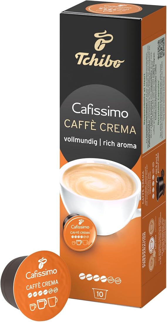 Tchibo Cafissimo Caffè Crema tam dolu kahve kapsülü, 10 adet (kahve, dengeli ve dolu), sürdürülebilir ve adil işlem görmüş