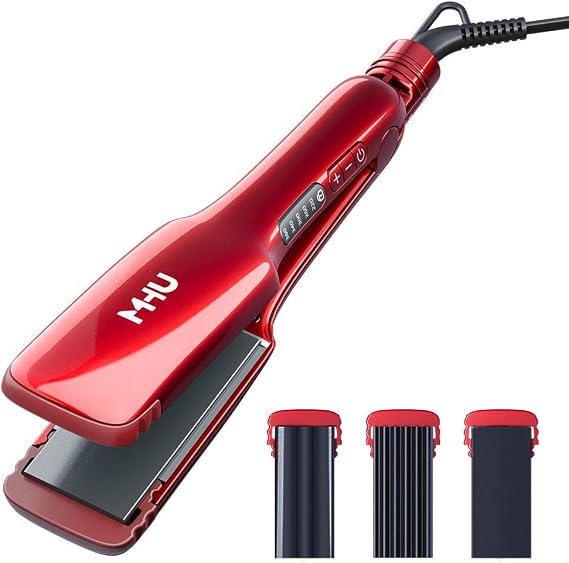 1.5 Inch Wide Flat Iron 3 in 1 Hair Straightener Hair Crimper and Hair Waver, Curling Iron with 3 Interchangeable Ceramic Plates Hair Styling Irons Adjustable Temperature, Classic Red Gift Set