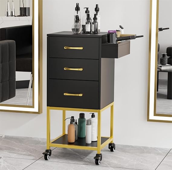 OmySalon Salon Trolley Cart with Wheels, Salon Station for Stylist, Hair Storage Cabinet with Dryer Holder & Drawer & Open Shelf, Barbershop Organizer Equipment, Black Gold