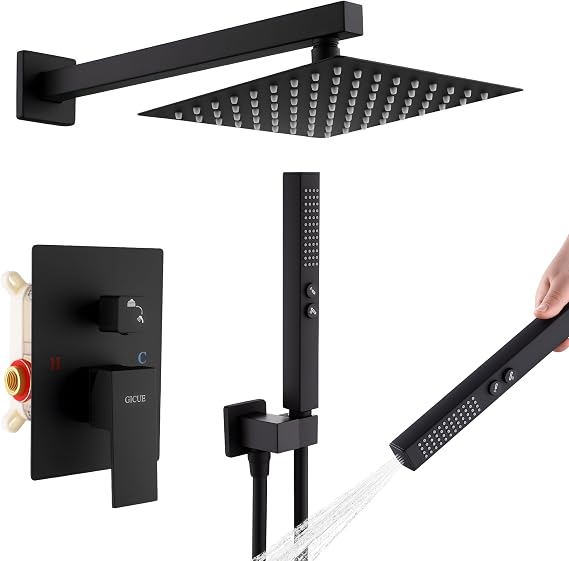 Rain Shower System, 8''Square Rain Head,2-Spray Handheld, Matte Black
