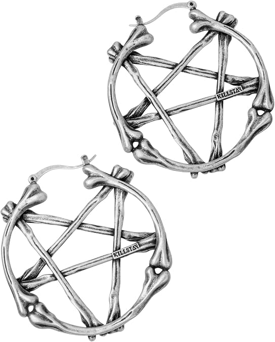 Killstar Summon Spirits Bone Pentagram Gothic Punk Silver Heavy Hoop Earrings