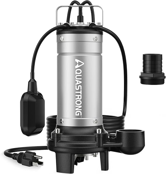Aquastrong 1HP Sewage Grinder Pump, Stainless Steel, 115V Automatic Float Switch, Submersible Effluent/Sump Pump for Sump Basin, Basement Residential Sewage, 2'' NPT Discharge