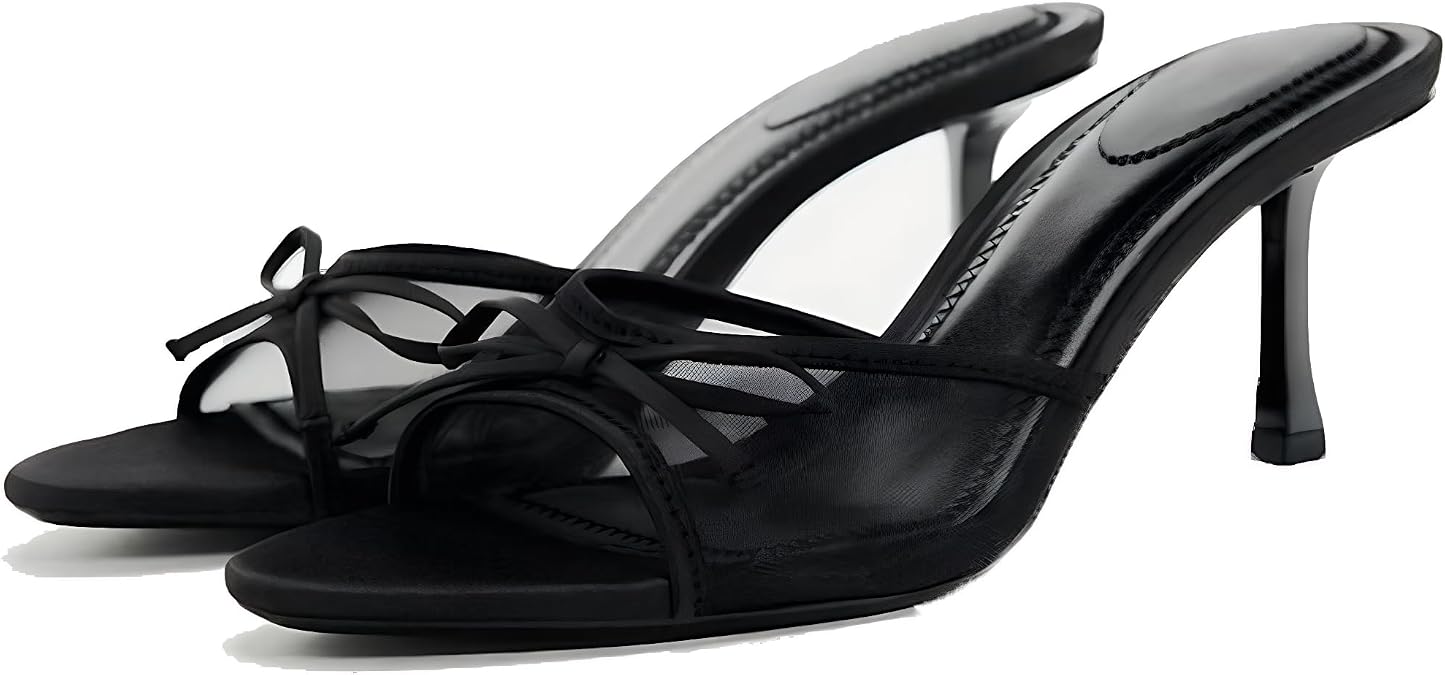 YIYA Women's Mesh Kitten Heels Sandals with Cute Bow Open Round Toe Mules Slip on Stiletto High Heels Comfortable Party Prom Casual Dress Backless Shoes