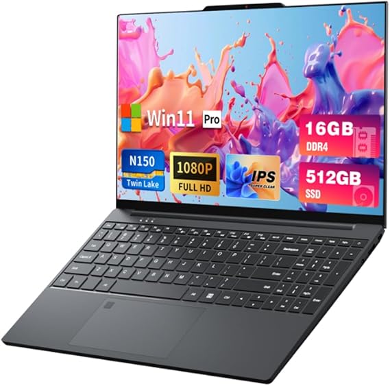 DUNHOO Laptop, 15.6 inch Laptops with N150 Processor(Beat to i3-1115G4, up to 3.6GHz), Gaming Laptop 16GB RAM 512GB SSD, Laptops Computer Metal Shell, Fingerprint Unlock, MINI HDMI, Win 11 Pro System