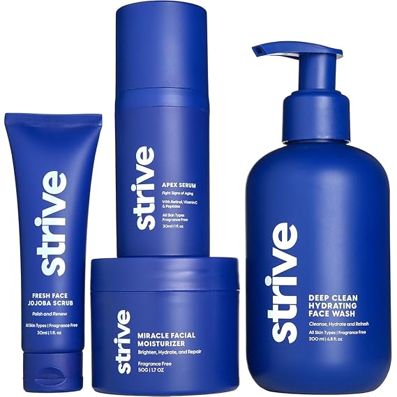 Mens Skin Care Set, 4 Piece Anti Aging Routine with Retinal and Vitamin C | Peptides and niacinamide brighten dull skin and dark circles. Unscented face wash, scrub, moisturizer, and serum included.