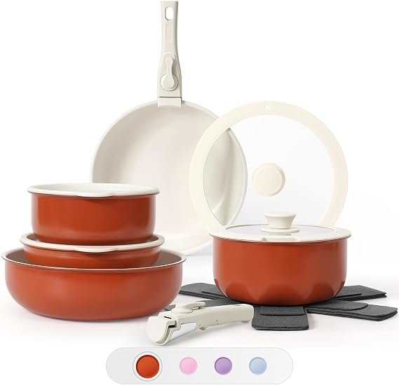 SODAY 15Pcs Pots and Pans Set Non Stick, Cookware Sets with Detachable Handle, Nonstick RV Kitchen Cooking Tools Removable Handles, Oven Safe, Induction Fast, Stackable Induction Cookware, Tangerine