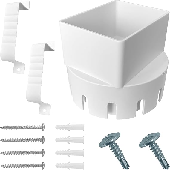 Gutter Downspout Adapter to Drain Pipe with Straps, 3"" x 4"" Inch Square Rain Gutter to Drain Pipe Adapter, Fits 3"" or 4"" Inch Outdoor PVC Drain Pipe or Corrugated Landscape, White