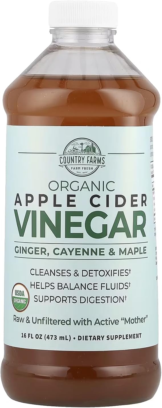 Country Farms Organic Apple Cider Vinegar Tonic, Cleanses and Detoxifies, Helps Balance Fluids, Supports Digestion, With The Mother, Ginger Cayenne & Maple, 16 Fl. Oz.