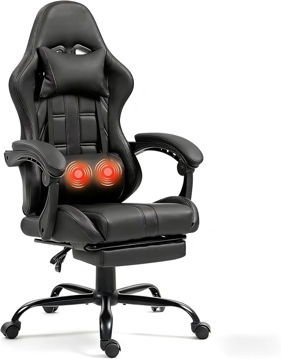 ECOTOUGE Massage Gaming Chair, Video Game Chair with Footrest, Ergonomic Computer Chair with Headrest and Massage Lumbar Support, Height Adjustable High Back Office Desk Chair with 360 Swivel, Black