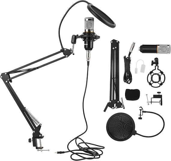 BM800 Condenser Microphone Kit, USB Recording Microphone with Flexible Arm, Studio Quality Sound for Streaming Singing Podcasting, Includes Shock Mount Desk (Black+Silver)