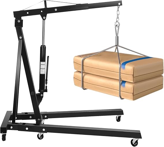 Engine Hoist, 2 Ton Folding Hydraulic Engine Crane Black, Heavy Duty Cherry Picker Engine Crane, Four Adjustable Positions, Adjustable Load Arm & 6 Iron Caster Wheels for Garage, Workshop