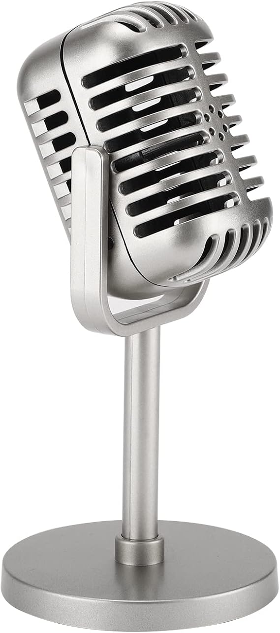 Facmogu Silver Retro Microphone Prop with Stand, Fake Mic Decor for Party