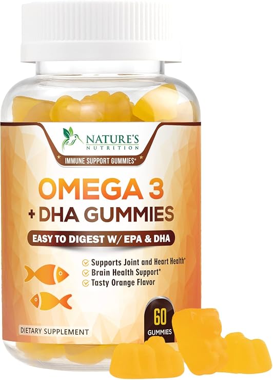 Omega 3 Fish Oil Gummies - Triple Strength Omega 3 Gummy Supplement with High Absorption DHA & EPA - Heart, Joint & Brain Support - Delicious Orange Flavor Fish Oil Nature's Vitamin - 60 Gummies