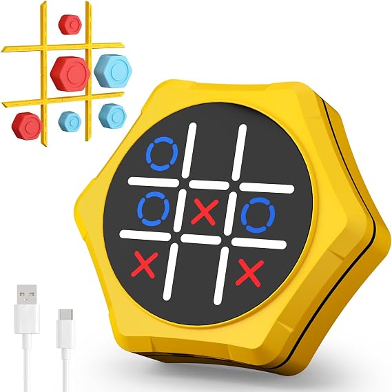 Electronic Tic Tac Toe Game,5-in-1 Handheld Puzzle Games,Tic Tac Toe Bolt Game for Educational&Memory,Portable Travel Games for Car Ride with Silent Mode,Toys Gift Idea for Kids&Family-Yellow