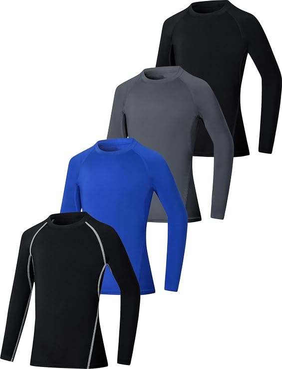 EXARUS 4 Pack Boys Compression Shirts Youth Long Sleeve Tight Undershirts