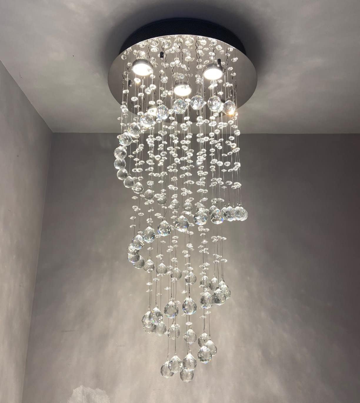 Crystal Chandelier Ceiling Lights, Clear K9 Crystal Raindrop Elegant Spiral Ceiling Light Chrome Flush Mount Pendant Lamp Fixture for Livingroom Dining Room Hallway Stairway Foyer D40cm H80cm [Energy Class A]