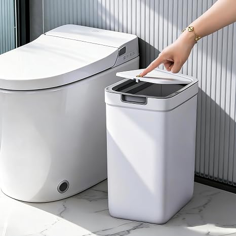 MOPUP Small Bathroom Trash Can with Lid 9L/2.4 Gallon Slim Trash Can Plastic Waste Paper Bin with Hinged Lid Dog Safe for Bathroom Kitchen Bedroom Living Room
