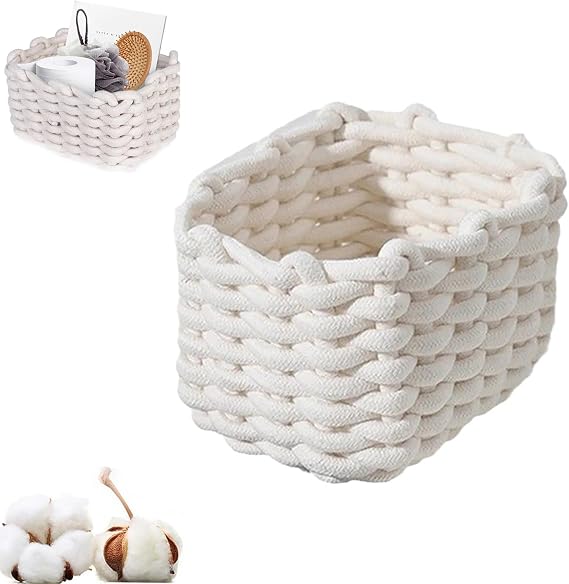 Woven Storage Bin,Cotton Rope Basket for Organizing,Empty Gift Basket,Mini Woven Basket for Organizing Books,Plants,Pet Treats, Decor for Living Room, Bedroom (White)