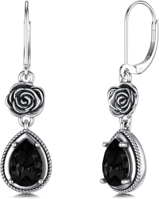 Vintage Rose Leverback Earrings 925 Sterling Silver Oxidized Retro Antique Dangle Earrings with Crystal from Austria, Valentine Wedding Jewelry Gifts for Women