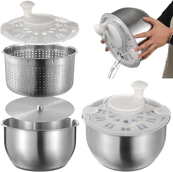 Large Stainless Steel Salad Spinner, Lettuce Spinner Vegetable Strainer Set, Fruit Straining Spinner with Self-Locking Lid
