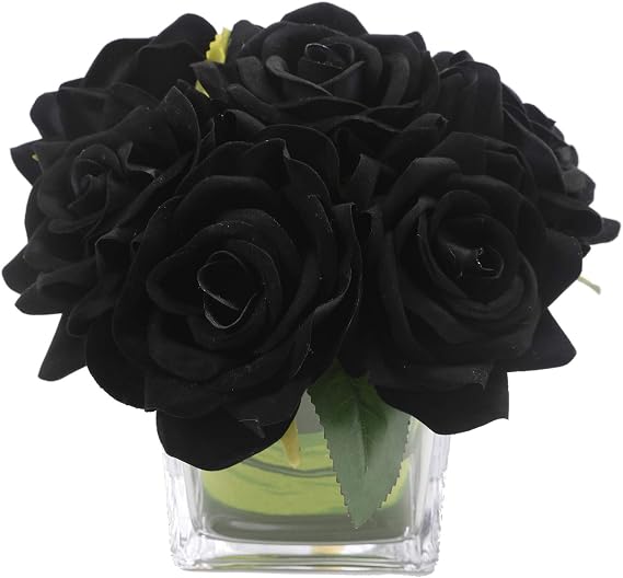 Fule Black Velvet Rose Arrangement in Square Glass Vase for Wedding Decor