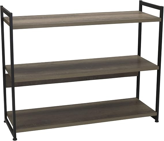 Household Essentials Wide 3Shelf Open Storage Bookshelf in Oak Rustic Wood Grain and White Metal Frame, Ashwood
