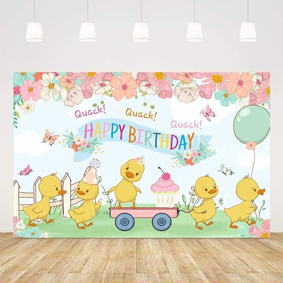 Ticuenicoa 5x3ft Spring Little Yellow Duck Theme Birthday Backdrop Colorful Cute Cartoon Animal Pink Flower Photography Background for Kids Girl Boy 1st Bday Party Decorations Cake Table Supplies