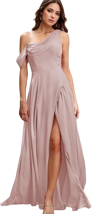 Leeskoot One Shoulder Bridesmaid Dresses with Chiffon A-line Slit Sweep for Wedding Formal Evening Dress