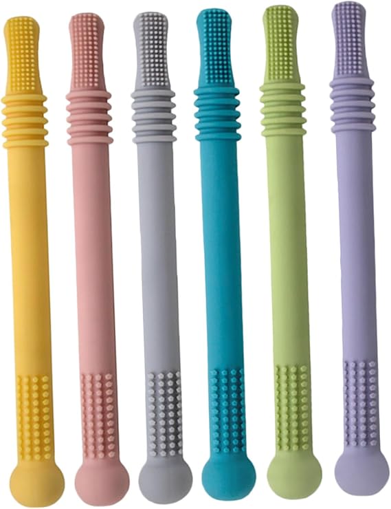 6pcs Teething Sticks Teether Molar Toy Teething Straws for Newborn Options Pink Yellow Purple Green Blue Light Gray for Toys for Boys and Girls