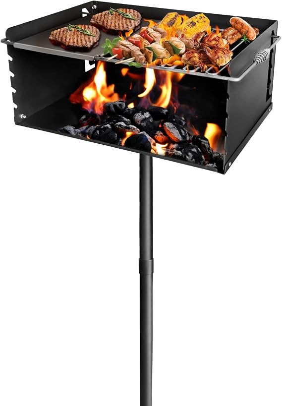 Park-Style Charcoal Grill, 25x17x11 Inch Heavy Duty Steel Outdoor BBQ Grill with Grate and Plate, Single Post Carbon Steel Park Grill for BBQ, Camping, Backyard