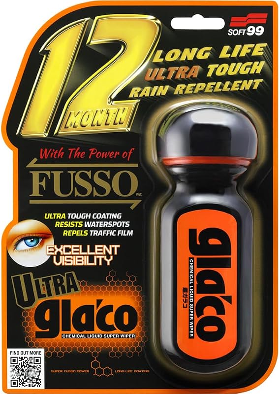 SOFT99 Ultra Glaco Long Lasting Windshield Hydrophobic Coating 70ml | 12-month water-beading formula for car windows. Reduces wiper use & improves visibility in wet conditions.