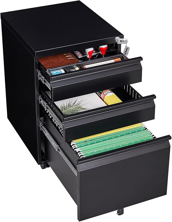 Black Locking File Cabinet - Under Desk, Rolling 3 Drawer Office Filing Storage for Legal/Letter A4 Size, Small Mobile Metal Cabinet on Wheels, Fully Assembled Except Casters