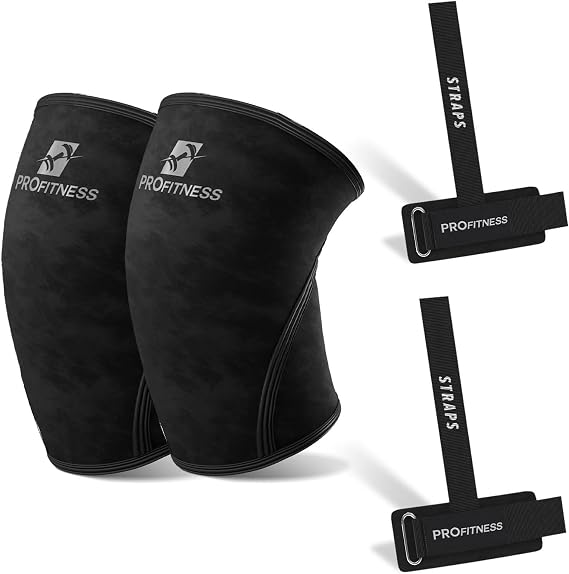 ProFitness Weightlifting Straps & 7mm Knee Sleeves - Padded Neoprene Wrist Straps with Non-Slip Grip & Premium Knee Sleeves for Squats, Powerlifting & Deadlifts for Men & Women