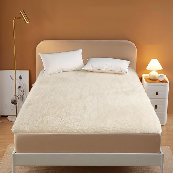 100% Wool Fleece Fitted Mattress Cover Pad with Elastic Bands,Breathable Lamb Wool Mattress,Thicken Pure Wool Bed Topper,Folding Lamb Velvet Mattress,for Twin/Full/Queen/King(King, White)