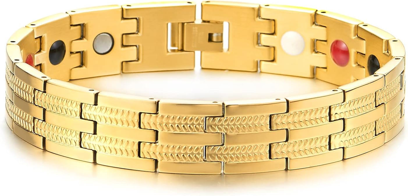 COOLSTEELANDBEYOND Steel Man Magnetic Energy Link Bracelet with Magnets Germanium, Gold Color, Free Link Removal Kit