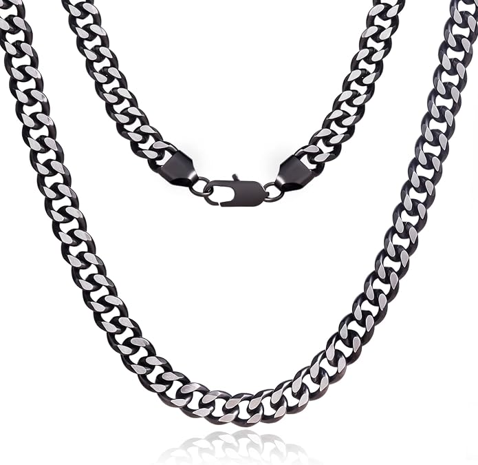 Silver Chain Necklace for Men Women: 3/4/6/10mm Italian Two Tone Cuban Link Black/Blue Silver Chain for Men - Necklace Chain Diamond Cut Stainless Steel Chain Necklace for Men 18/20/22/24/26inch