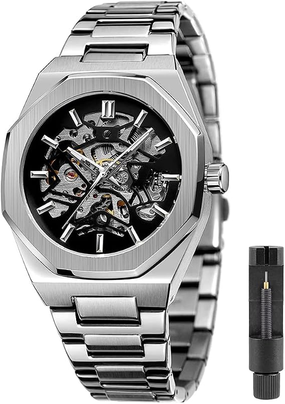 Tiong Fashion Automatic Watch Mechanical Watch Gold Men Skeleton Watch with Stainless Steel Transparent Dial