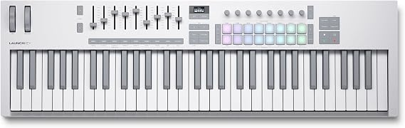 Novation Launchkey 61 White MK4 USB MIDI Keyboard Controller | USB, 61 Semi-Weighted Keys, White, 16 Pads with Polyphonic Aftertouch, 9 Faders, Pitch/Mod Wheels, OLED Display, Scale Mode