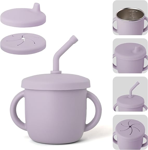 Bakpoco 4-in-1 Stainless Steel Silicone Sippy Cup, 8.5oz Toddler Open Cup with Straw, Sippy & Snack Lids, For Baby Led Weaning, Toddlers 1-3 Years Trainning Kids Drinking, Dishwasher Safe, Lilac