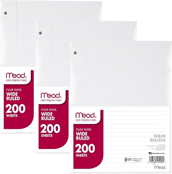 Mead Loose Leaf Paper, 3 Pack, Notebook Paper, Wide Ruled Filler Paper, Standard, 8 x 10.5, 200 Sheets per Pack (73183)