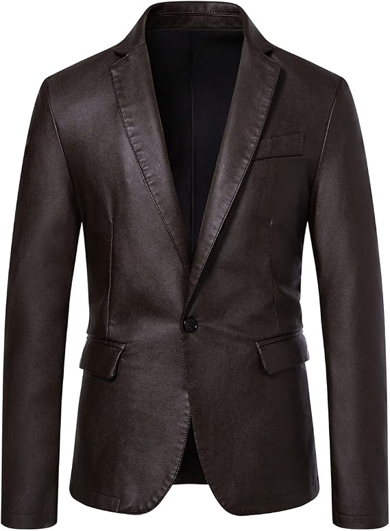 Men's Casual Notched Collar One Button Faux Leather Blazer Suit Jacket Sport Coats