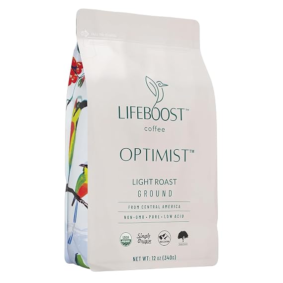 Lifeboost Light Roast Low Acid Ground Coffee, Certified Organic, 12oz