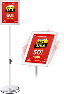 RedChili Adjustable Sign Holder Stand for 8.5x11 Inch Poster, Floor Standing Sign Holder With Snap-Open Aluminum Frame 360 Rotating Display Outdoor Indoor Signage Stand for Advertising Silver, Sharp Corner