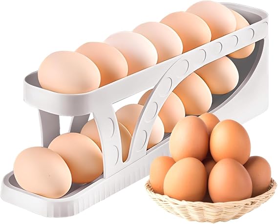 Egg Dispenser Automatic Rolling Egg Tray Organizer, Space Saving Side Door Refrigerator Egg Roller Basket, Suitable for Kitchen, Cabinets, Dining Table, White