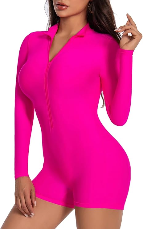speerise Women Long Sleeve One Piece Jumpsuit Short Pants Leotard Romper Sexy Zip Front Workout Bodysuit